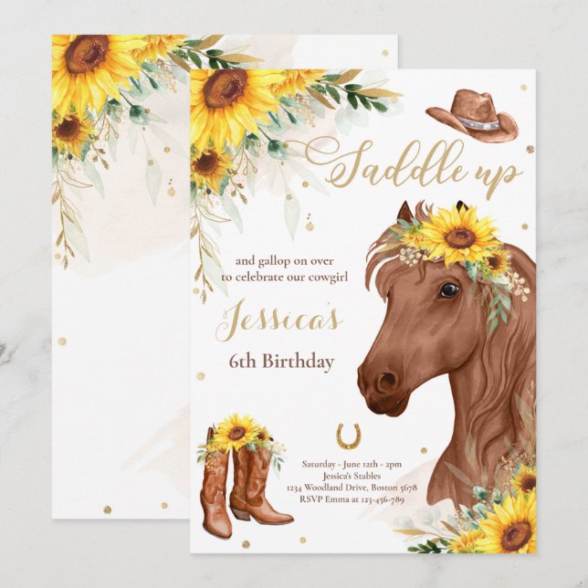 Invitation Cheval Anniversaire Fête Cowgirl Tournesol Anniver (Devant / Derrière)