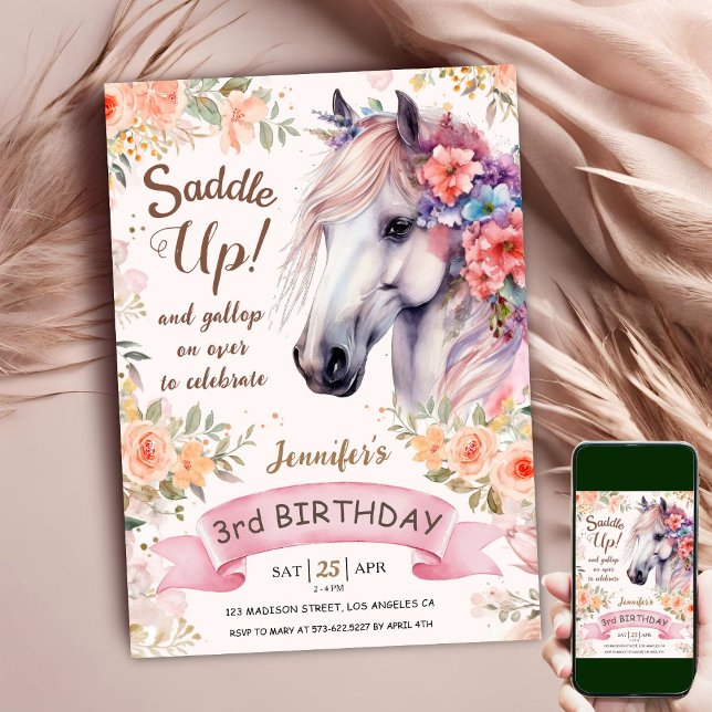 Invitation Cheval Blanc 3e anniversaire Floral Girl Saddup (Créateur téléchargé)