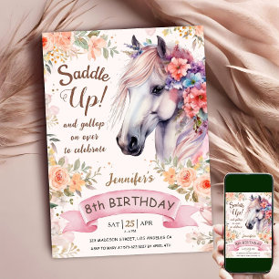 Invitation Cheval blanc 8e anniversaire Fille florale Sellez