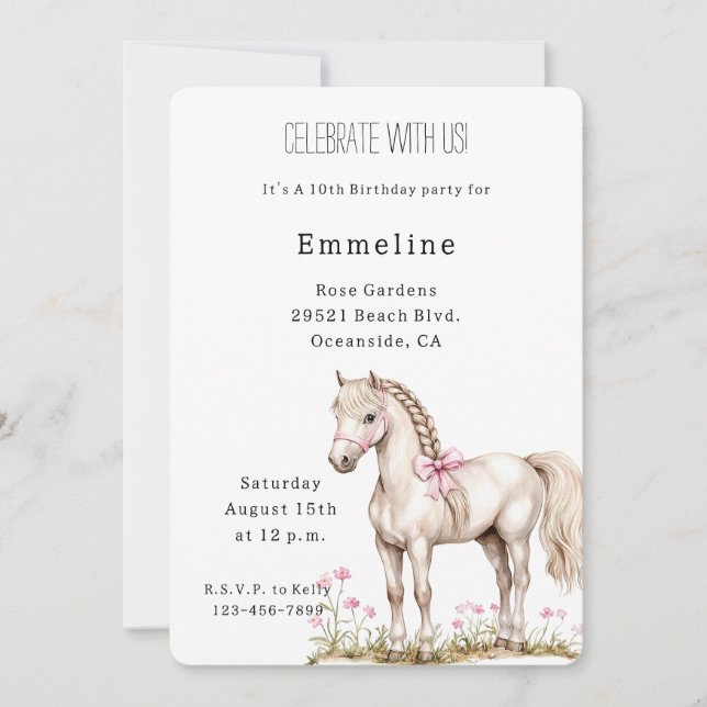 Invitation Cheval blanc Bow rose Floral Anniversaire (Devant)