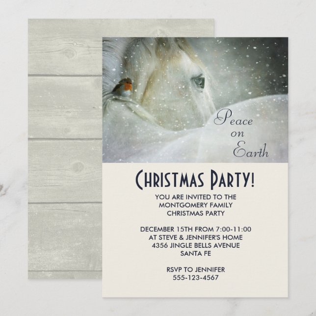 Invitation Cheval blanc et oiseau à la fête de Noël d'hiver (Devant / Derrière)