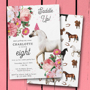 Invitation Cheval Blanc Fleur Rose Anniversaire Fille Cowgirl