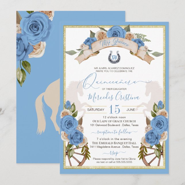Invitation Cheval bleu clair Charro occidental Quinceanera (Devant / Derrière)