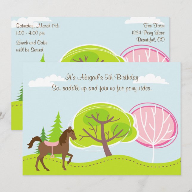 Invitation Cheval Brown et Arbres Pony Rides Anniversaire (Devant / Derrière)