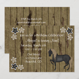Invitation Cheval Brown et Fleurs, Faux Barn Bois Anniversair