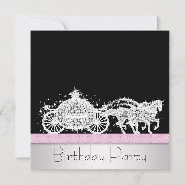Invitation Cheval Carriage Rose Black Princesse Anniversaire (Devant)