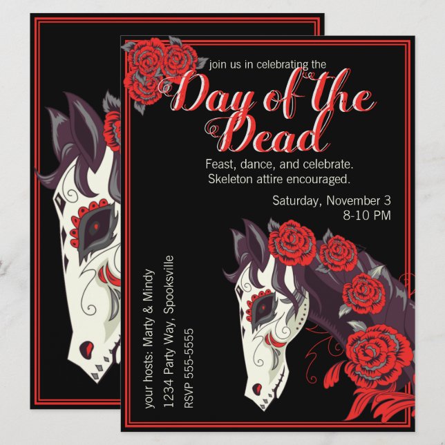 Invitation Cheval crâne avec Roses Rouges Dias de los Muertos (Devant / Derrière)
