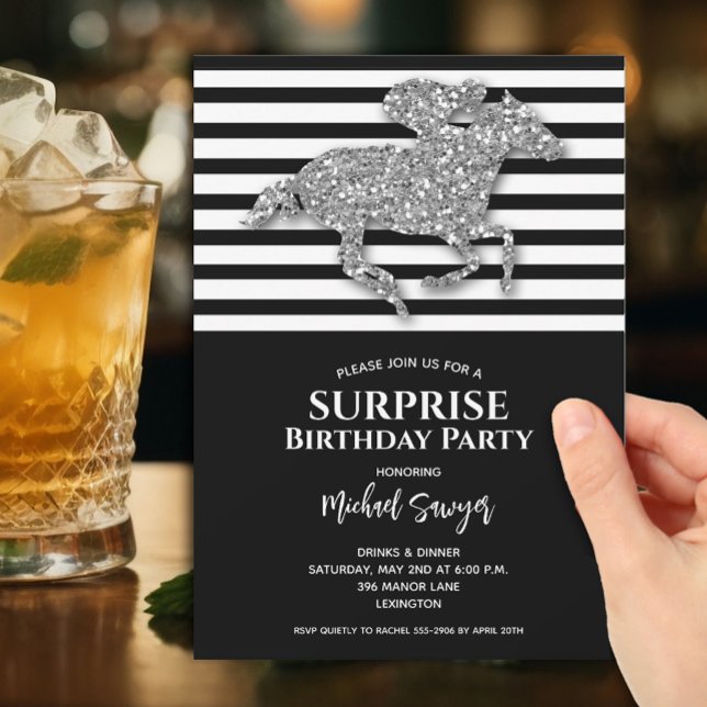 Invitation Cheval d'argent Noir Blanc rayures Anniversaire (Silver faux glitter racehorse on black and white stripes surprise birthday invitations)