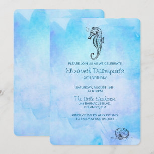 Invitation Cheval de mer et coquillage sur l'aquarelle bleue 