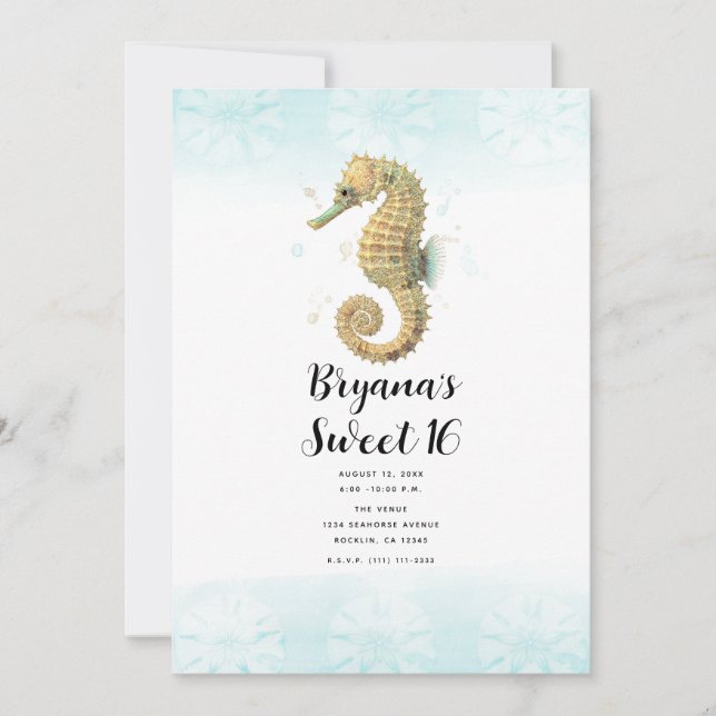 Invitation Cheval de mer Turquoise & or Aquarelle Sweet 16 (Devant)