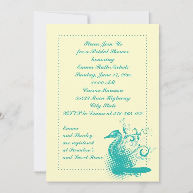 Invitation Cheval de mer vert clair mariage douche nuptiale (Devant)