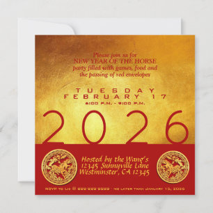 Invitation Cheval de Nouvel An Chinois 2026 Red Gold Party Sq
