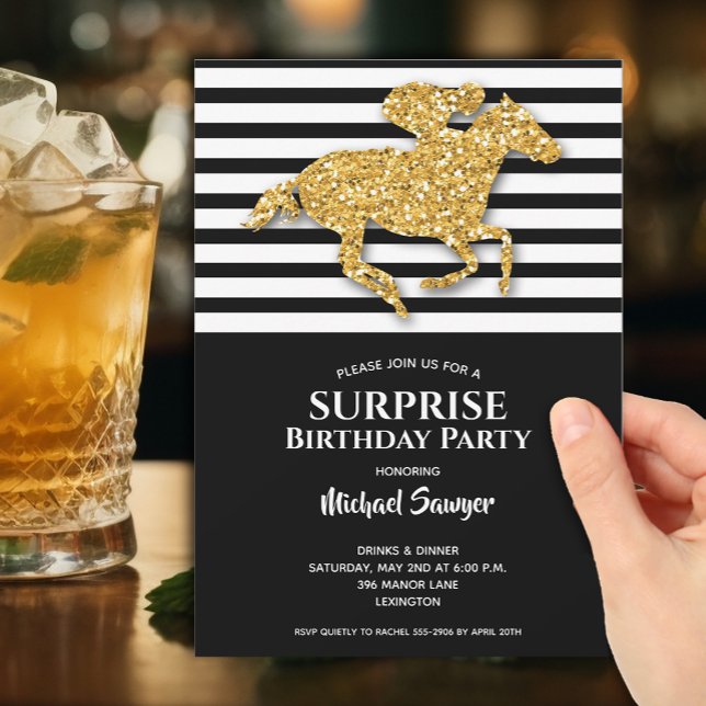 Invitation Cheval d'or Noir Blancs Anniversaire (Gold Racehorse on Black and White Stripes Birthday Invitations - PRINTED and/or INSTANT DOWNLOAD)