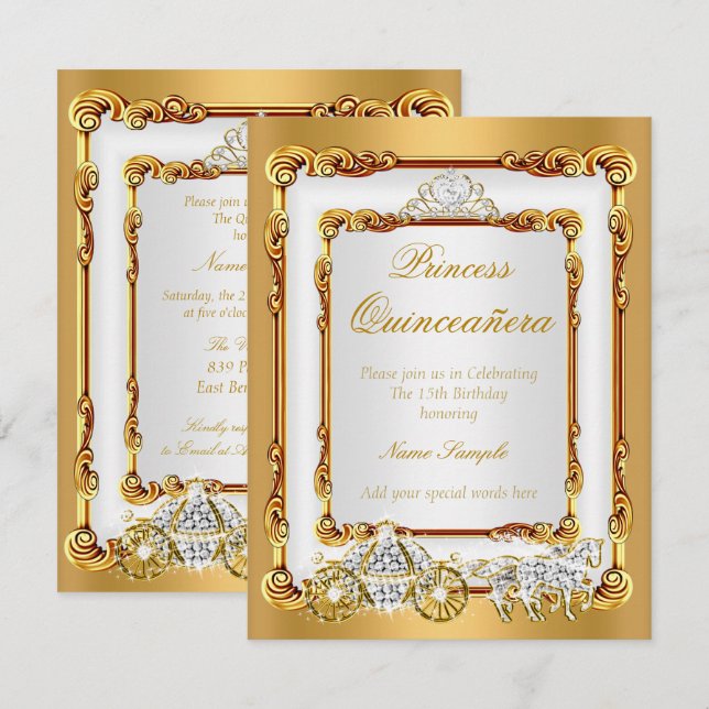 Invitation Cheval et chariot en or blanc de la Quinceanera (Devant / Derrière)