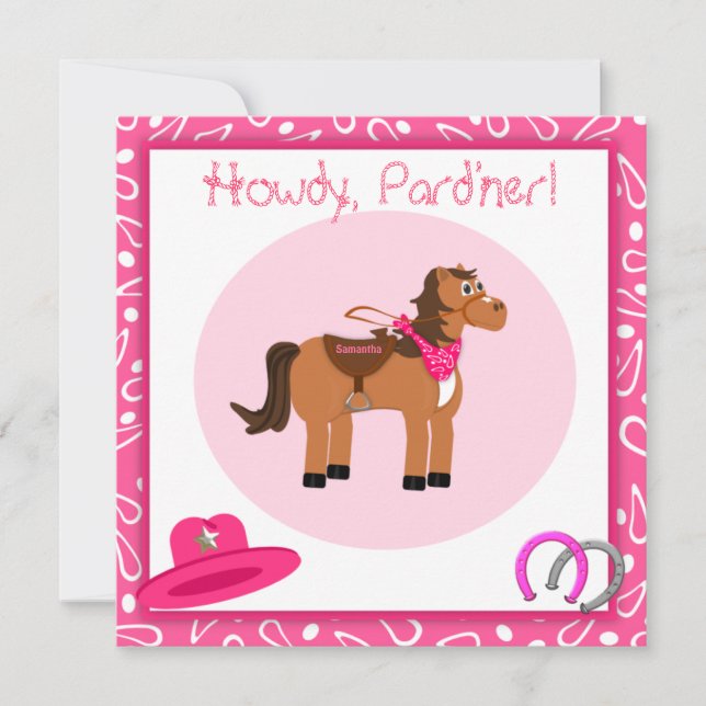 Invitation Cheval et fête d'anniversaire rose de cow-girl de (Devant)