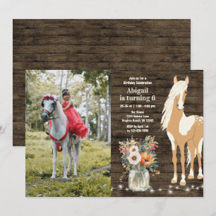 Invitation Cheval et fleurs Bois rustique Photo Anniversaire