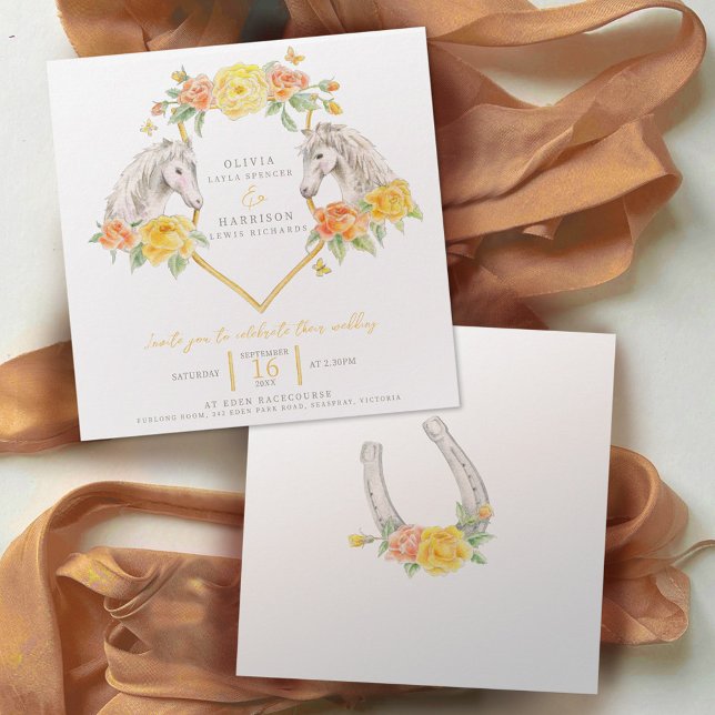 Invitation Cheval et rose aquarelle art carré mariage (Créateur téléchargé)