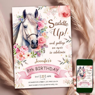 Invitation Cheval Fille 8e anniversaire Fleurs roses selle ve