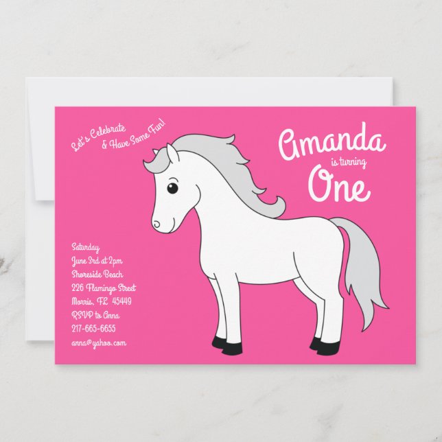 Invitation Cheval mignon Enfants 1er Anniversaire Fête Fille  (Devant)