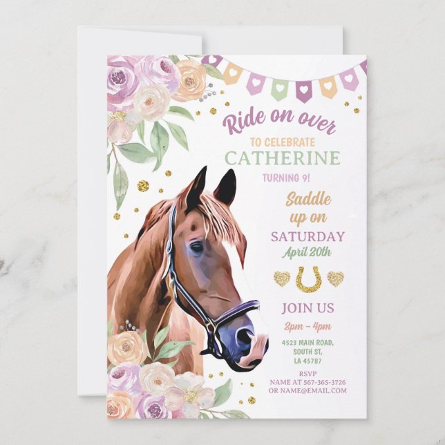 Invitation Cheval Party Lilac Pony Flower Girl Anniversaire (Devant)
