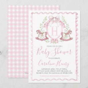 Invitation Cheval Rocheux Baby shower rose En vichy rose