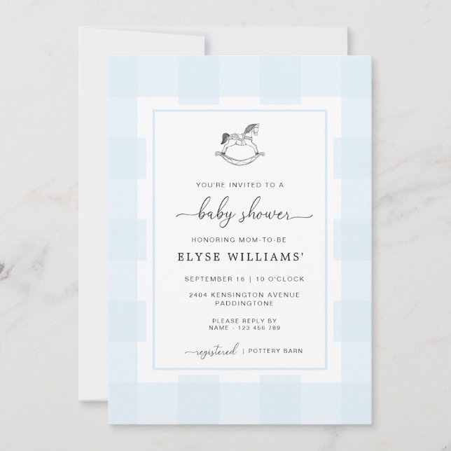 Invitation Cheval Rocheux Blue En vichy Baby shower Invitatio (Devant)