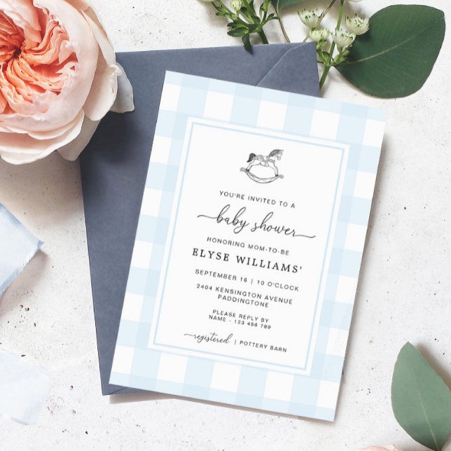 Invitation Cheval Rocheux Blue En vichy Baby shower Invitatio (Baby Shower Invitation Blue Gingham Rocking Horse)