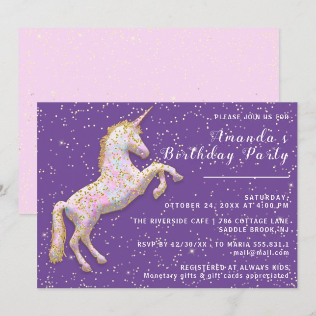Invitation Cheval Unicorne Rose Or Anniversaire Confetti Purp (Devant / Derrière)