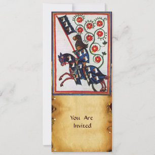INVITATION CHEVALIER BLEU À CHEVAL SUR PARCHEMIN MÉDIÉVAL