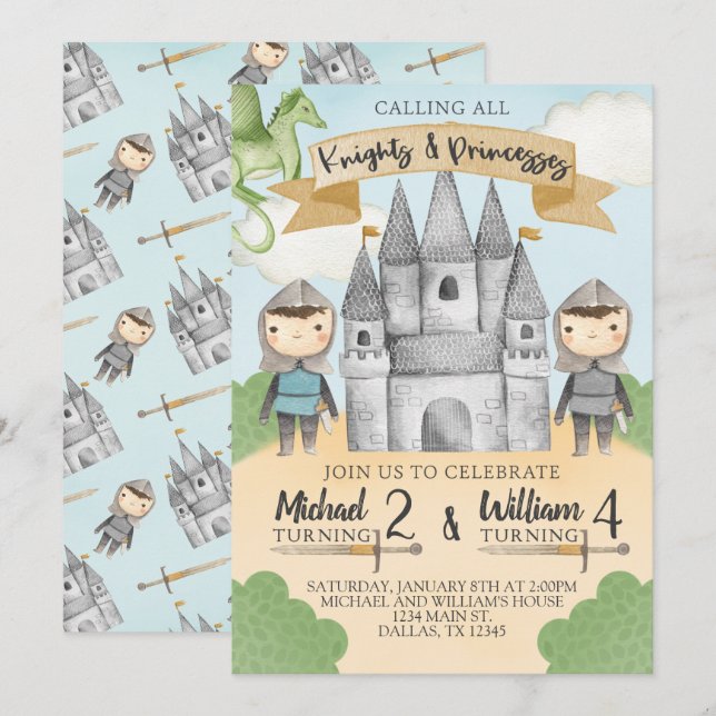 Invitation Chevalier et princesse Anniversaire Fête Invitatio (Devant / Derrière)