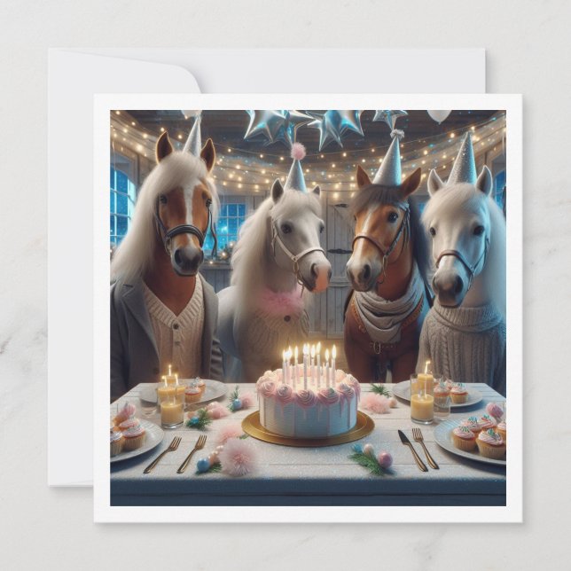Invitation Chevaux célébrant l'anniversaire avec gâteau et ca (Devant)