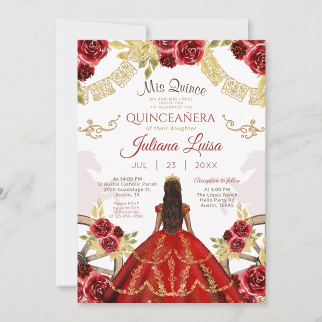 Invitation Chevaux de Charra en or rouge Floral Quinceañera (Devant)