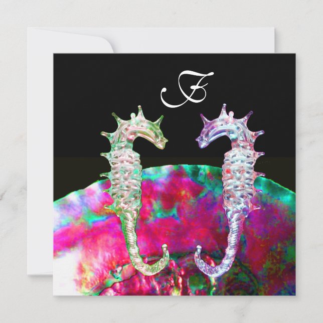 Invitation CHEVAUX DE MER MONOGRAMME DE MARIAGE, bleu rose no (Devant)