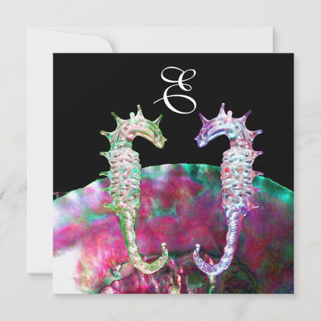 Invitation CHEVAUX DE MER MONOGRAMME DE MARIAGE, bleu rose no (Devant)