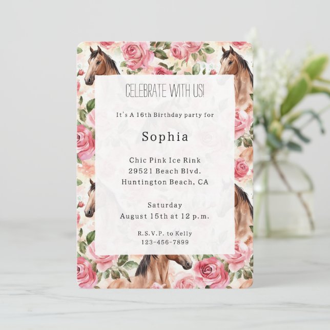 Invitation Chevaux Jolies Roses Roses Roses Florales Annivers (Debout devant)