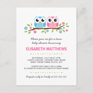 Invitation Chevêches jumelles sur baby shower de fille à bran