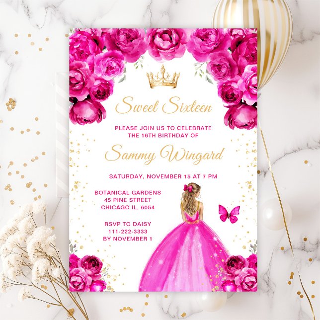 Invitation Cheveux rose chaud Sweet sixteen princesse  (Créateur téléchargé)