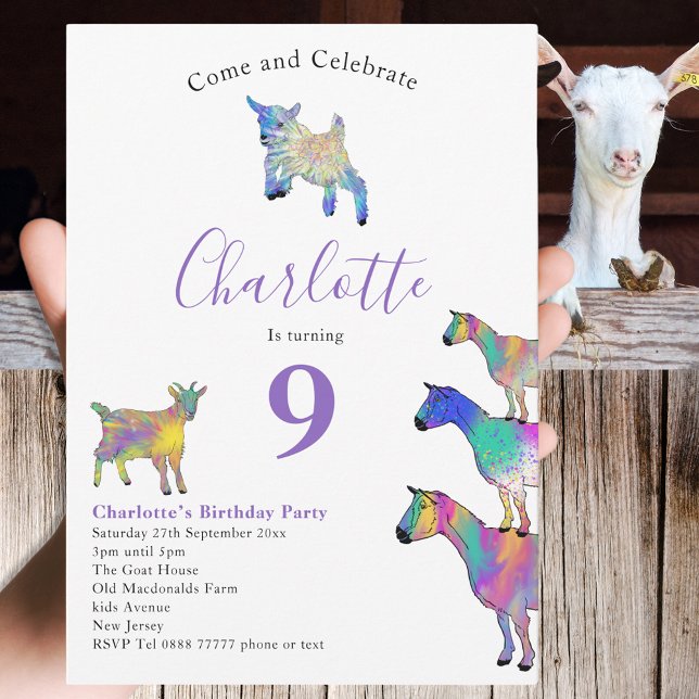 Invitation Chèvre Amoureux des animaux à thème fête d'anniver (Cute goats colorful farm animals watercolor art 9th birthday party invitation)