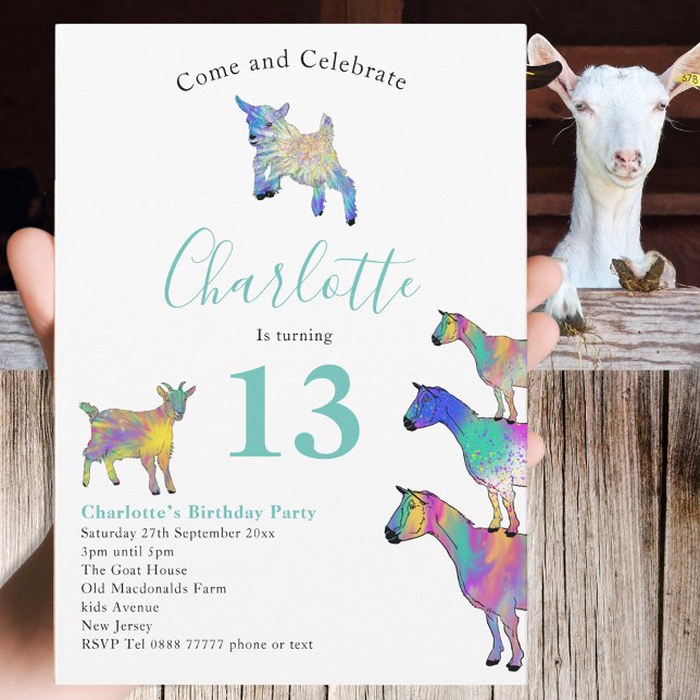Invitation Chèvre Amoureux des animaux à thème fête d'anniver (Cute goats colorful farm animal art 13th birthday party invitation )