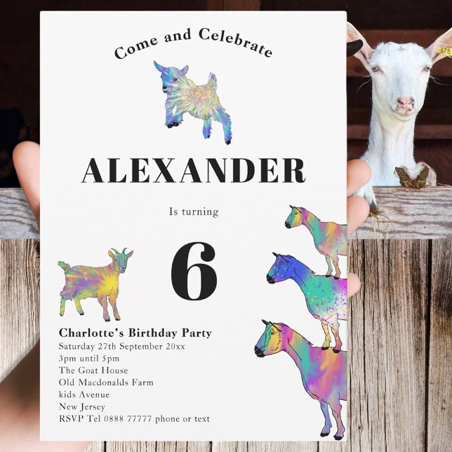 Invitation Chèvre Thème 6ème anniversaire (Cute goats colorful watercolor farm animal art 6th birthday party invitation)