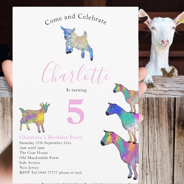 Invitation Chèvres Aquarelle Anniversaire Fête rose (Cute goats colorful farm animal watercolor art 5th birthday party invitation )