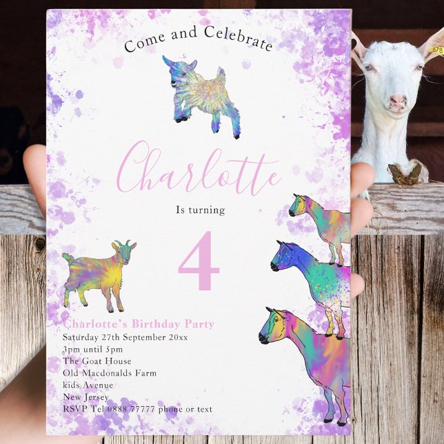 Invitation Chèvres Aquarelle Filles Anniversaire Fête Rose (Goat themed girls 4th birthday party invitation colorful farm animal watercolor pink purple blue )