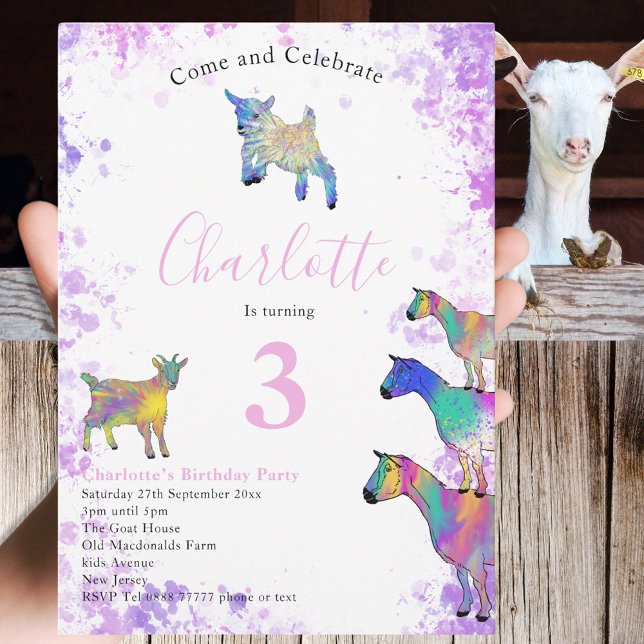 Invitation Chèvres Aquarelle Filles Anniversaire Fête Rose (Cute goats colorful farm animal watercolor art 3rd birthday party invitation)