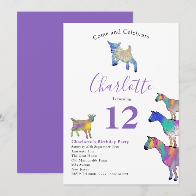 Invitation Chèvres ferme animal fête d'anniversaire violet (Devant / Derrière)
