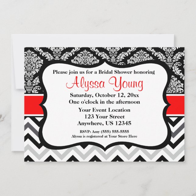 Invitation Chevron Black Red Damask (Devant)