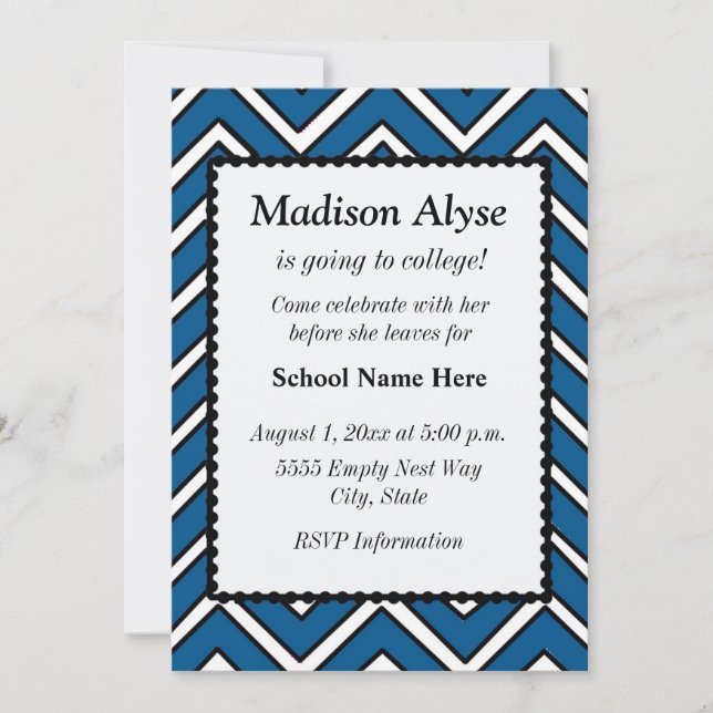 Invitation Chevron bleu et blanc Off To College Party Invitat (Devant)
