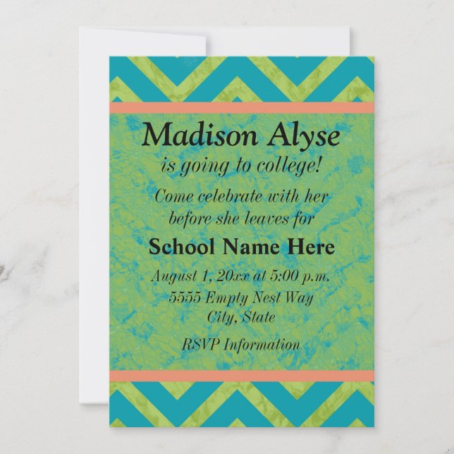 Invitation Chevron bleu et vert Off To College Party Invitati (Devant)