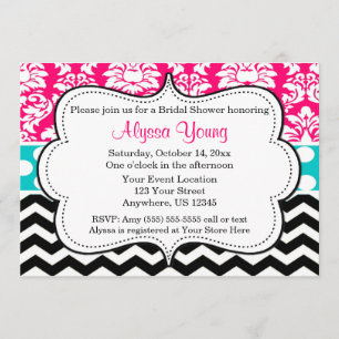 Invitation Chevron Damask Pink Black Blue