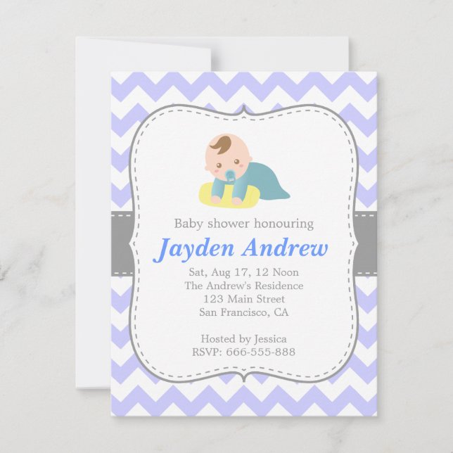 Invitation Chevron de baby shower de garçon, bleu et blanc (Devant)