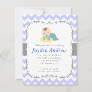 Invitation Chevron de baby shower de garçon, bleu et blanc